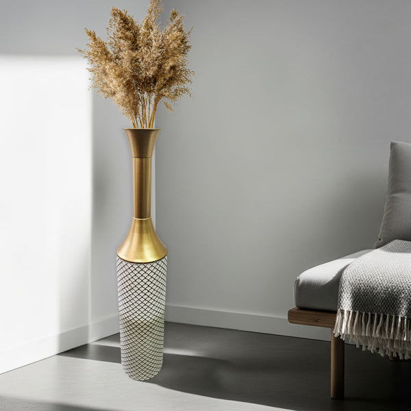 Modern Tall Floor Vase, Handmade Indoor Decor Metal 41" Gold Beige White