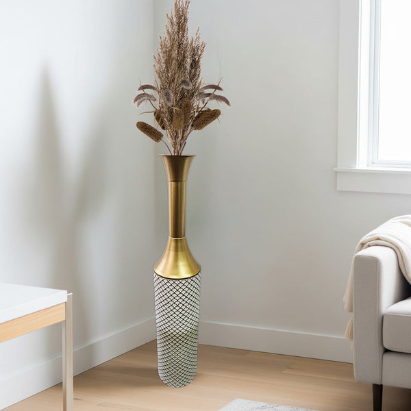Modern Tall Floor Vase, Handmade Indoor Decor Metal 41" Gold Beige White