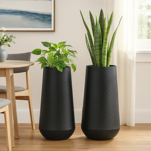 Set of 2 Tall White Indoor Self Watering Decorative Planters, 27 Inch Tall Black Planter with Riser Pot, Drain Hole-Sona Casa