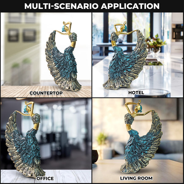 Peacock Feather Dancing Lady Figurine, Ballerina Statue, 11" Shelf, Mantle, Table, Desk Decor Centerpiece
