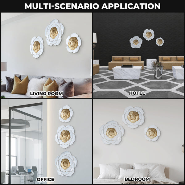 Trio Elegant Home Decorations, 3 Set 22" Metal Flower Wall Art, Floral White Gold Modern Home Office Decor