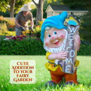 Welcome Gnome Garden Statue, 13" Patio Porch Lawn Ornament by Sona Casa