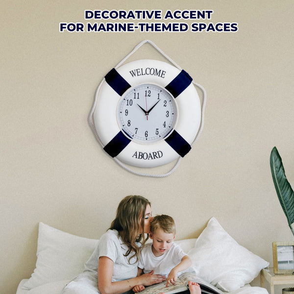 Nautical Round Wall Clock, 18" Silent Decorative Clock, Lifebuoy Coastal Beach Themed Decor, Nautical Gifts