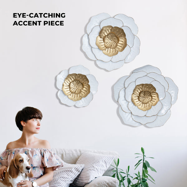 Trio Elegant Home Decorations, 3 Set 22" Metal Flower Wall Art, Floral White Gold Modern Home Office Decor