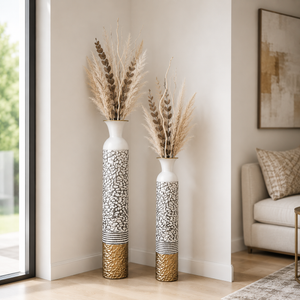 Set of 2 Round Metal Vases in White, Silver, and Gold Finish – Modern Decorative Accent for Home or Office – 14x14x106.7cm & 13.5x13.5x95.5cm - Accent Collection