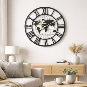 Round Metal Wall Clock, Black Embedded World Map, 24" Silent Roman Numeral Decorative Clock, Home Office Decor-Sona Casa