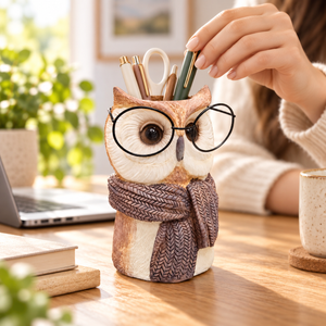 Owl desk organizer holding pens and scissors on a home-office desk