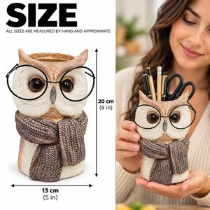 Owl pen holder size guide showing approximately 20 cm height and 13 cm width