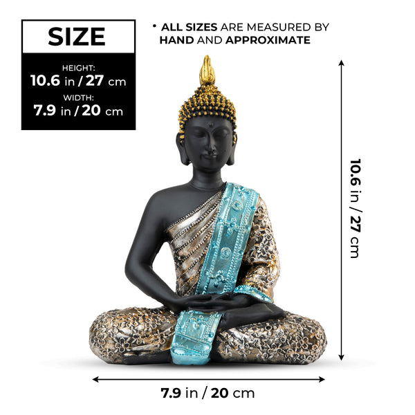 Small Meditating Buddha Statue, Black Gold Figurine, 11" Living Room Desk Sculpture, Shelf Decor, Spiritual Gifts, Collectibles by Sona Casa