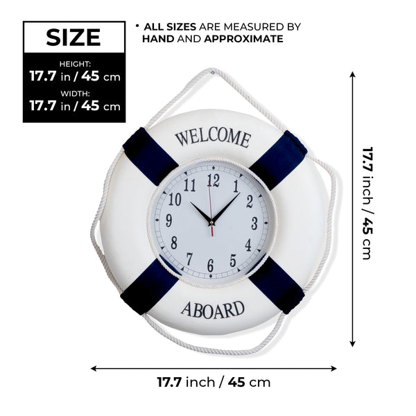 Nautical Round Wall Clock, 18" Silent Decorative Clock, Lifebuoy Coastal Beach Themed Decor, Nautical Gifts