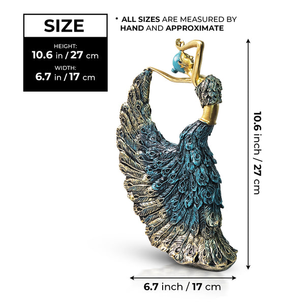 Peacock Feather Dancing Lady Figurine, Ballerina Statue, 11" Shelf, Mantle, Table, Desk Decor Centerpiece