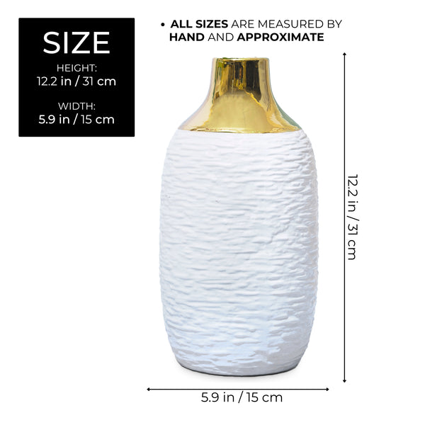 White Ceramic Vase, Golden Rim, 12" Abstract Tabletop Decor