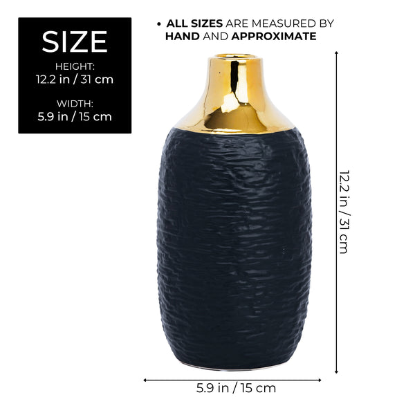 Black Ceramic Minimalist Vase With Golden Rim, 12" Modern Flower Vase