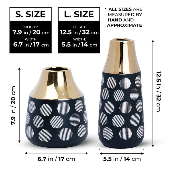 Black Ceramic Tulip Vase, Abstract, Golden Rim, 8" and 13" Table Vase Pair