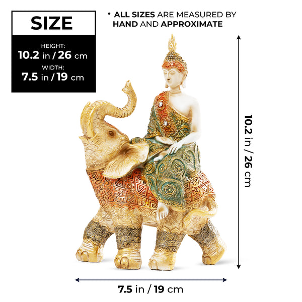 Buddha Statue on Elephant Figurine, 10" Tabletop Decor for Meditation Room by Sona Casa