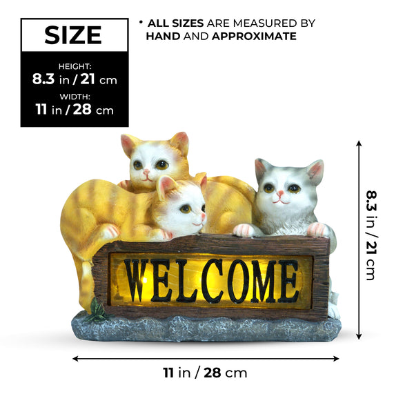Cute Solar Cat Garden Statue With Welcome Sign, 8" Outdoor Lawn Patio Front Porch Decor, Housewarming Gift