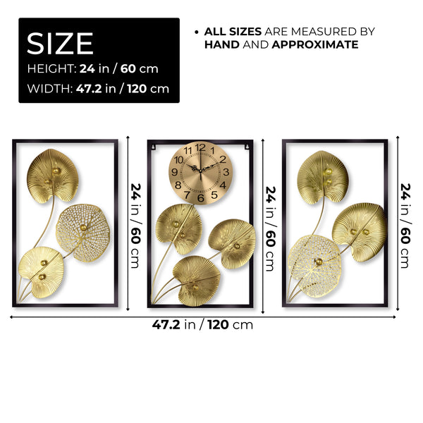 Extra Large Golden Decorative Wall Clock, 24" Silent Non Ticking Clock with Decorative Panels Wall Decor