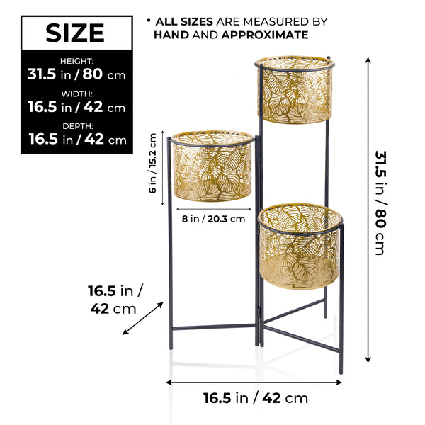 Indoor Metal Planters, 32" Golden Living Room Patio Decor, 3-Tier Rustic Farmhouse Plant Pots with Stand