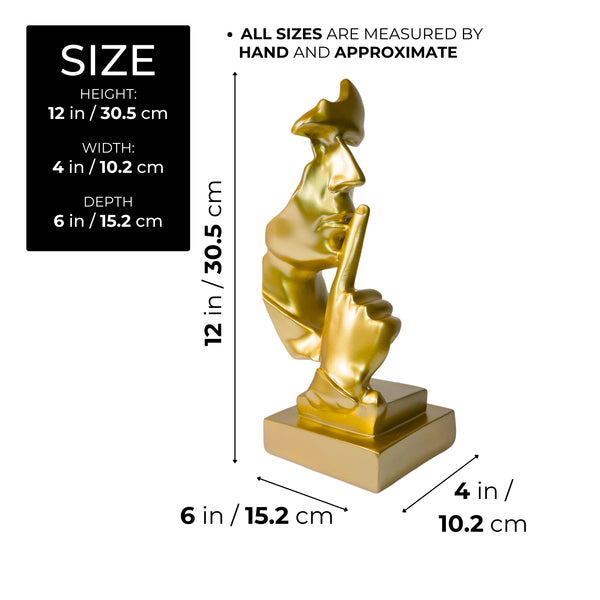 Abstract Silence is Golden, Silence Face Thinker Statue, Gold Polyresin Art Home or Office Decor 12 inch 31 cm