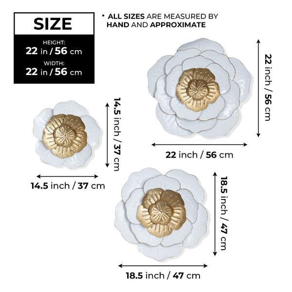 Trio Elegant Home Decorations, 3 Set 22" Metal Flower Wall Art, Floral White Gold Modern Home Office Decor