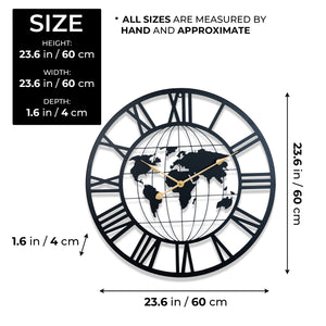 Round Metal Wall Clock, Black Embedded World Map, 24" Silent Roman Numeral Decorative Clock, Home Office Decor-Sona Casa