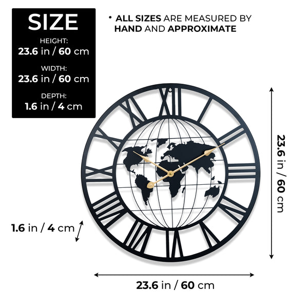 Round Metal Wall Clock, Black Embedded World Map, 24" Silent Roman Numeral Decorative Clock, Home Office Decor-Sona Casa