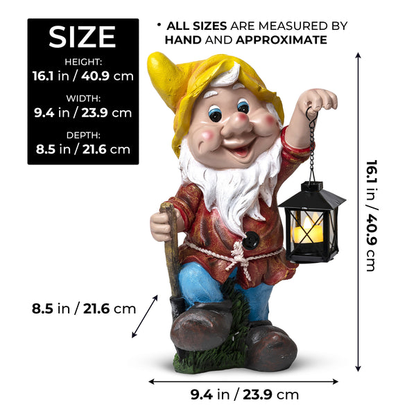 Outdoor Gnome Statue, Metal Lantern, Large 16" Yard Art