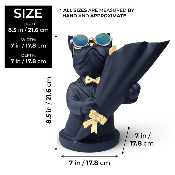 Dog Statue with Bouquet Holder Black Home Decor Accent, Polyresin Artwork Tabletop Centerpiece 9 inch 22 cm