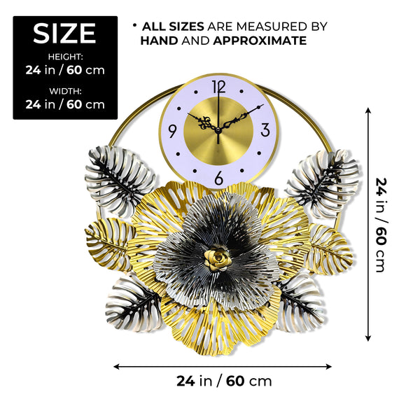 Floral Metal Wall Clock, 24" Home Decor, Silent Nonticking Extra Large Decorative Clock Wall Decor