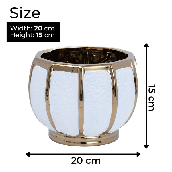 White Ceramic Bowl, Textured Bowl with Golden Stripes, Tabletop Decor Bowl, Fresh Flower Vase for Kitchen Countertop, Dining Table, Bathroom, Entryway, Corridor