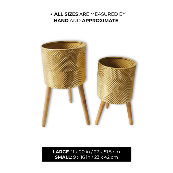 Rustic Gold Foil Metal Plant Pots Set with Stand for Fresh or Artificial Plants, Indoor Home Office Decor, Gifts