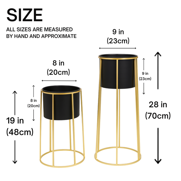 Contemporary Indoor Black Metal Pots Set with Golden Stand for Fresh or Faux Plants Living Room Office Decor, Gifts-Sona Casa