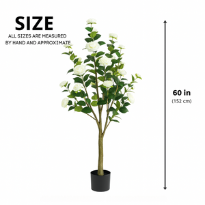 Faux Camellia Tree, 5 ft Tall Faux White Camellia Tree Plant in Cement Base, Indoor Decor for Home or Office, Housewarming Gift-Sona Casa
