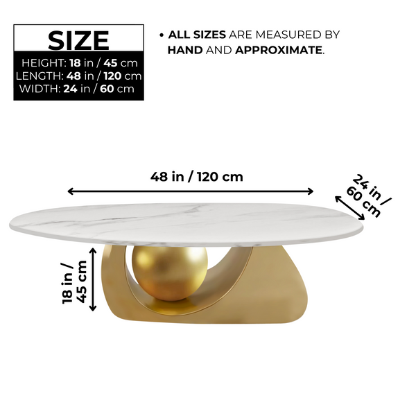 Designer Oval Coffee Table 47" White Marble Top, Golden Metal Ball Base, Centerpiece