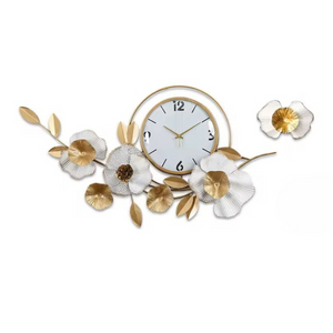 Gold and White Metal Wall Clock, Extra Large 37" Floral Designer Silent Clock, Oversized Home Office Décor by Sona Casa