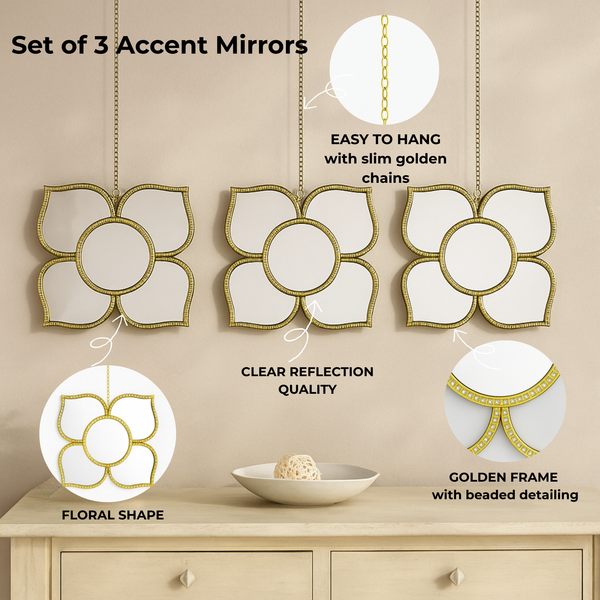 Golden Floral Wall Mirror Set with Hanging Chain, Traditional Modern Diwali Decor Gift, 25 cm Mirrors Pooja Room Decor-Sona Casa
