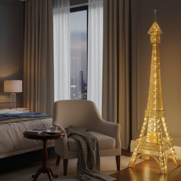 Tall Eiffel Tower LED Floor Lamp 63 inch Modern Decorative Paris France Model with Gold Frame & White LED Ambient, Home Decor Lighting, Remote Control-Sona Casa