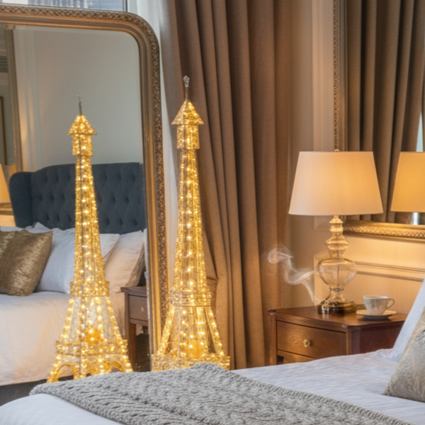 Tall Eiffel Tower LED Floor Lamp 63 inch Modern Decorative Paris France Model with Gold Frame & White LED Ambient, Home Decor Lighting, Remote Control-Sona Casa