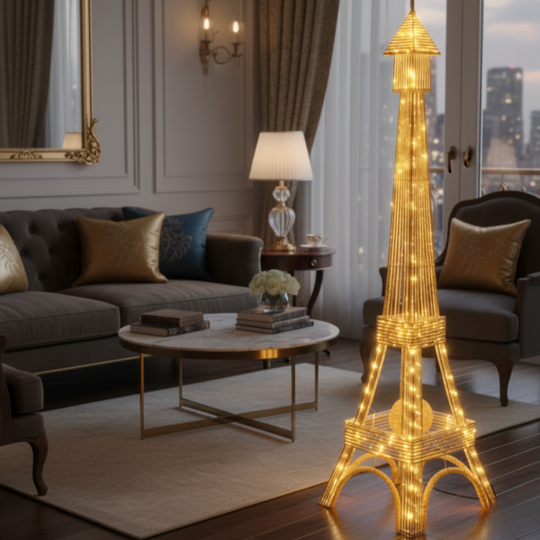 Tall Eiffel Tower LED Floor Lamp 63 inch Modern Decorative Paris France Model with Gold Frame & White LED Ambient, Home Decor Lighting, Remote Control-Sona Casa