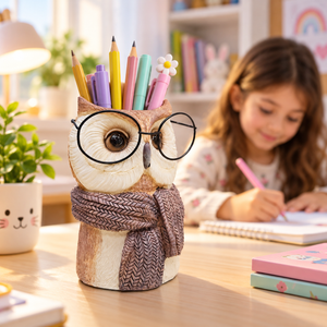 Cute owl pen holder filled with colourful stationery on a study desk