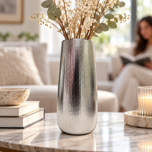 Silver Chrome Ceramic Vase with Abstract Pattern