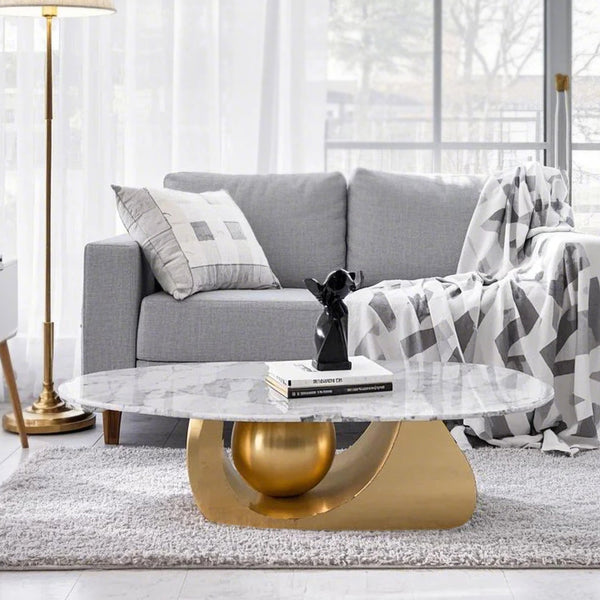 Designer Oval Coffee Table 47" White Marble Top, Golden Metal Ball Base, Centerpiece