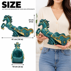 Horse chariot wine holder size guide: approximately 41 cm long, 10 cm wide and 23 cm high