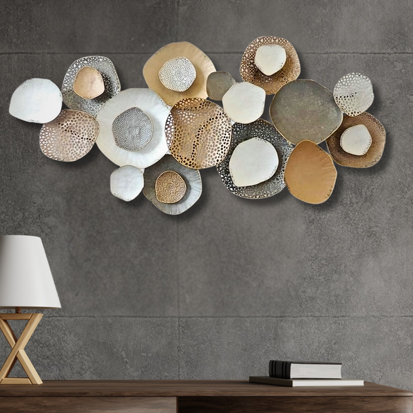 Large Metal Wall Art Sculpture, 53" Rustic Weathered Finish, Gold Silver White Home Office Decor