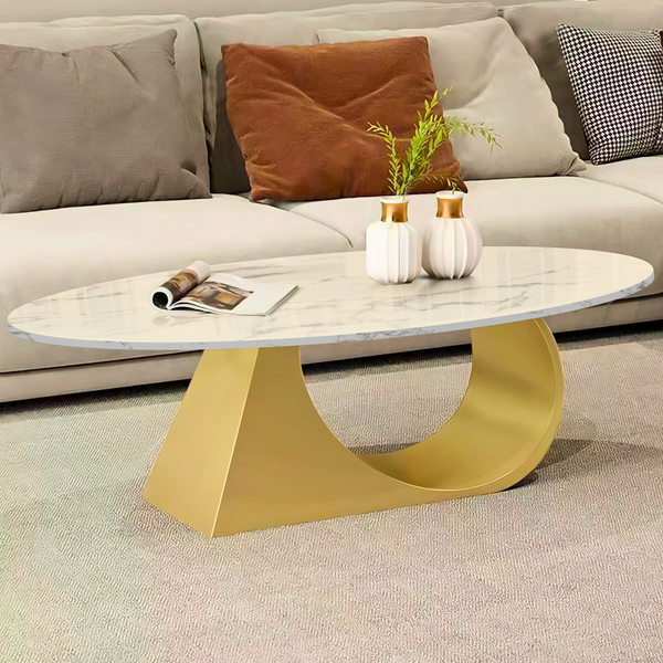 Modern Oval Coffee Table Set 47" and 20" White Marble Top, Metal Gold Frame