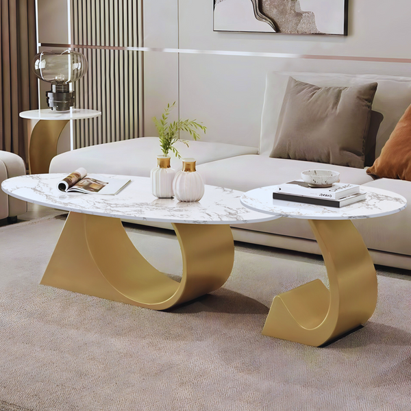 Modern Oval Coffee Table Set 47" and 20" White Marble Top, Metal Gold Frame