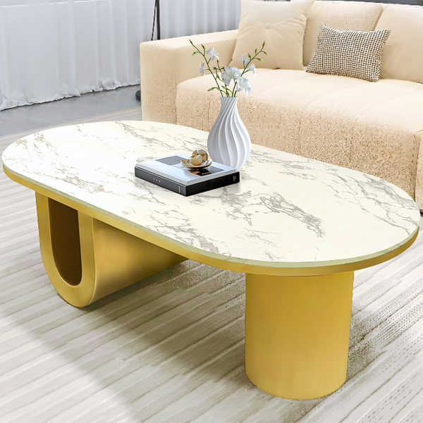 Designer Coffee Table 47" White Marble Top, Metal Blocks Gold Frame Home Decor Centerpiece by Sona Casa