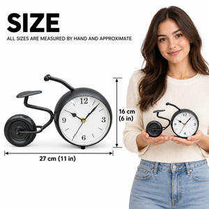 Black bicycle-shaped metal table clock with a white dial – size guide