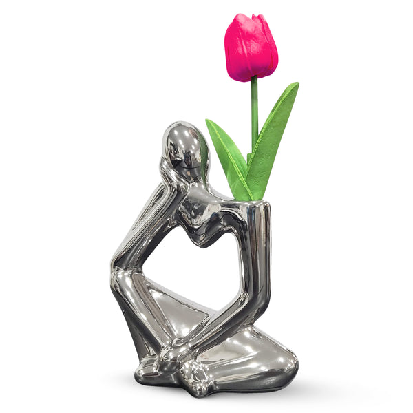 Unique Silver Ceramic Bud Vase, 7" Abstract Thinker Statue, Table, Shelf, Desk Decoration, 1 Tulip Flower Included