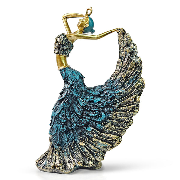 Peacock Feather Dancing Lady Figurine, Ballerina Statue, 11" Shelf, Mantle, Table, Desk Decor Centerpiece